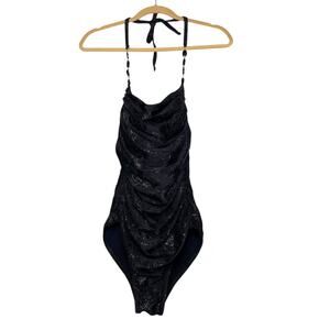 Badgley Mischka One Piece Swimsuit Beaded Tie Designer Dark Romantic Luxury Swim